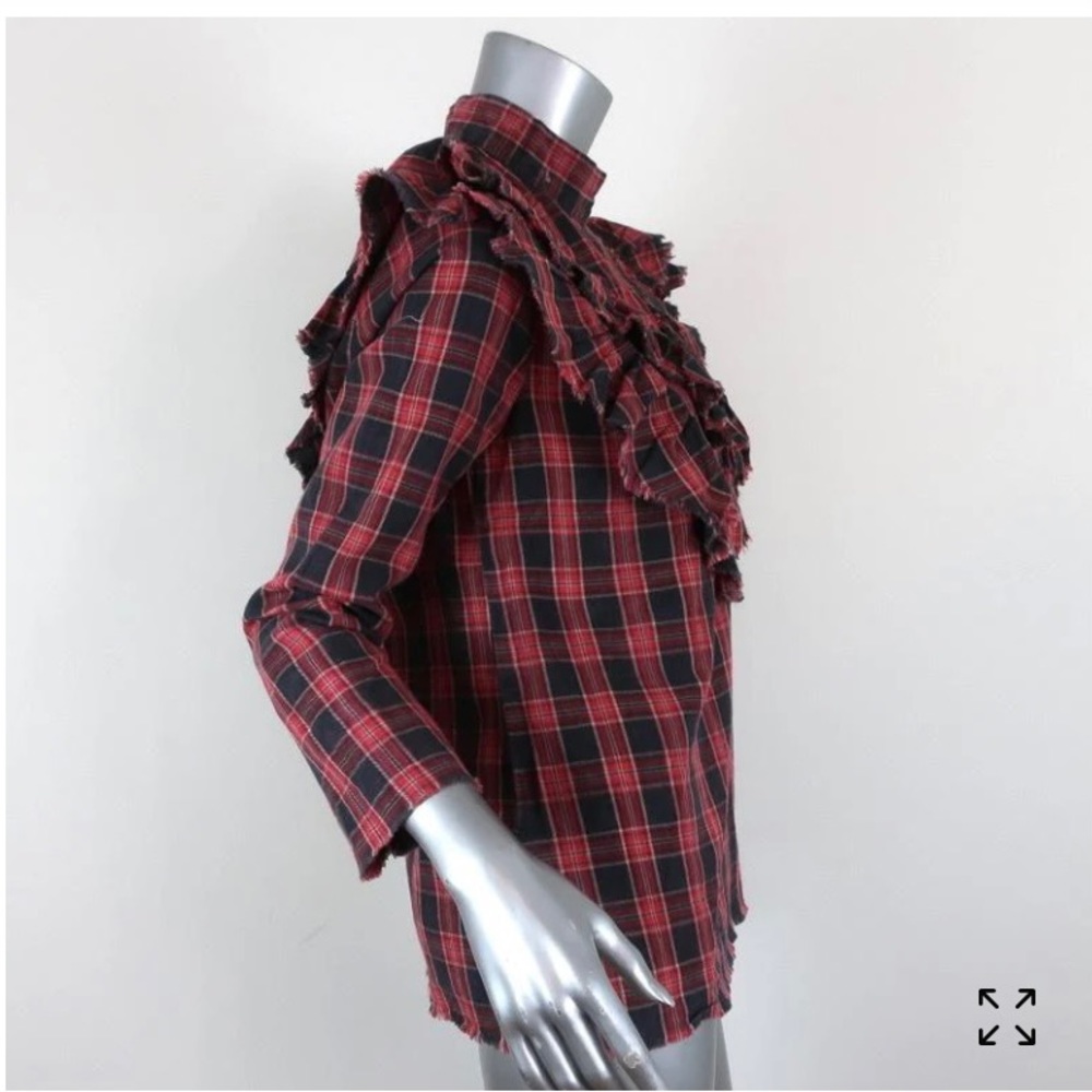 ZARA PLAID RUFFLE TOP RED/GRAY - Picture 2 of 8